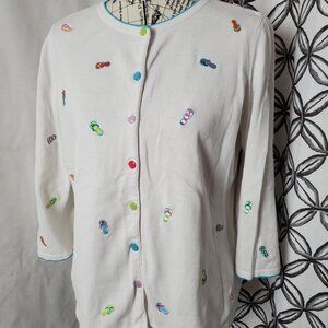 Christopher & Banks White Cotton Cardigan with Flip Flop Pattern - Large